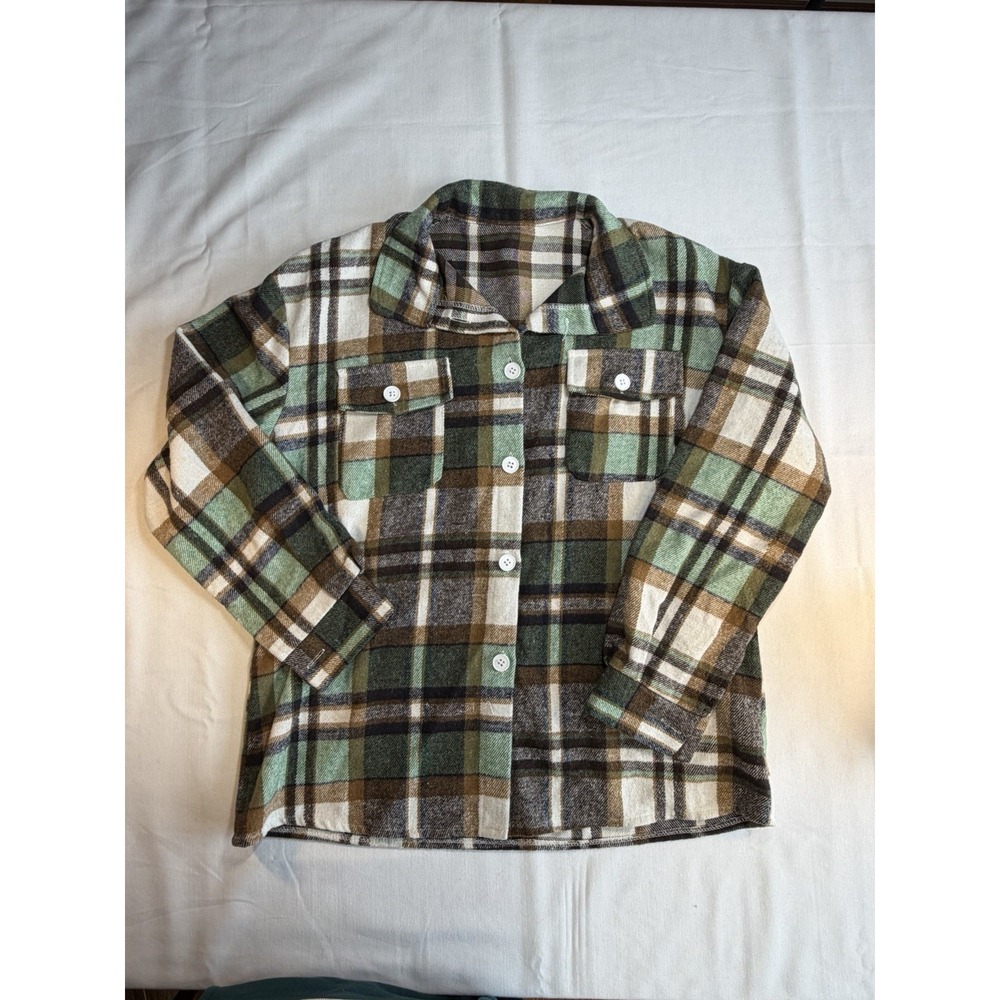 Women's Green Plaid Flannel Shirt Size Large Long Sleeve Button Down Warm Top